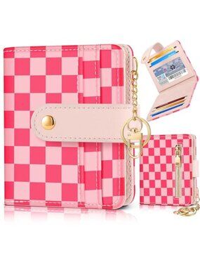RFID Card Holder Wallet Keychain Bifold ID Case Checkerboard Faux Leather Women